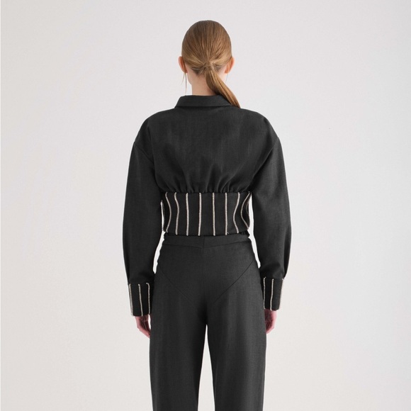 FILKK. ANTHRACITE HERRINGBONE RHINESTONE CORSET CROPPED JACKET - Picture 5 of 9